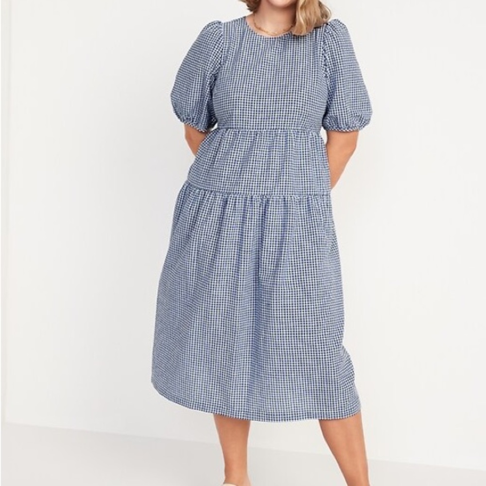 Tiered Puff-Sleeve All-Day Midi Swing Dress ~ blue gingham ~ Cotton blend ~ XS